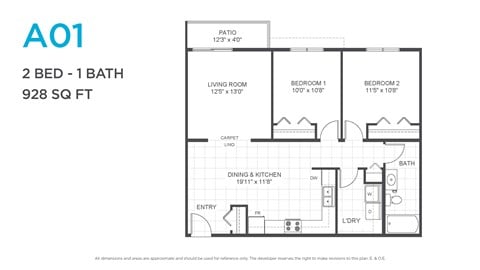Floor plan for 2 beds, 1 bath, 852 sqft